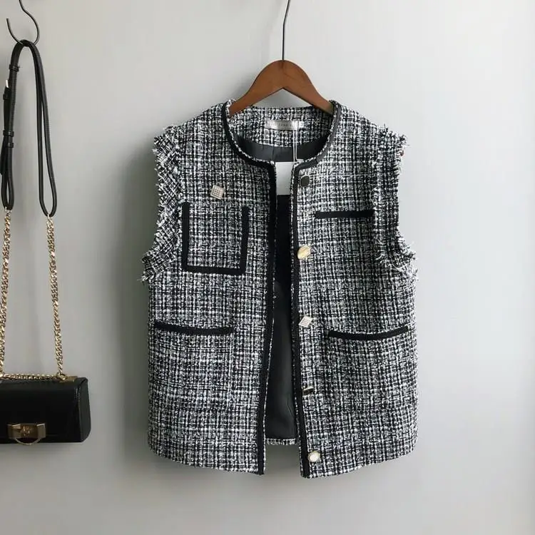 

Fall Female Plaid Vest Coat Women Tops Single Breasted Cotton Slim Korean Straight Cardigan Chic Vintage Coat