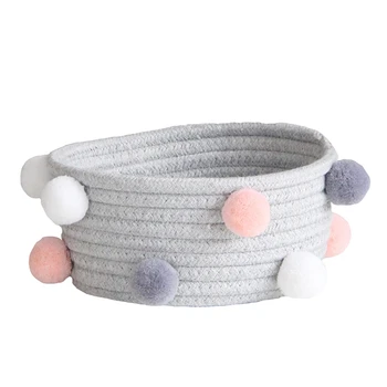 

Pompom Cotton Storage Baskets Handmade Woven Dirty Clothes Laundry Basket Desktop Sundries Organizer Hamper(Gray)