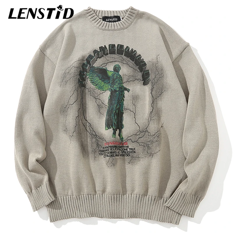 LENSTID-suéteres de punto de Hip-Hop para hombre, ropa de calle con estampado de rayos de Ángel, otoño de Harajuku, jerséis casuales Hipster de gran tamaño