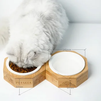 

Pet Bowl Bamboo Wood Ceramic Cat Dog Food Bowl High Hanging Tilt Protection Cervical Solid Wood Single Bowl Pet Supplies