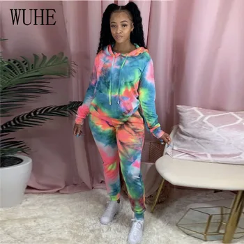 

WUHE Women Two Piece Set Tie Dye Print Sport Hooded Sweatshirts Jogger Sweatpants Suit Tracksuit Fitness Outfit Matching Set