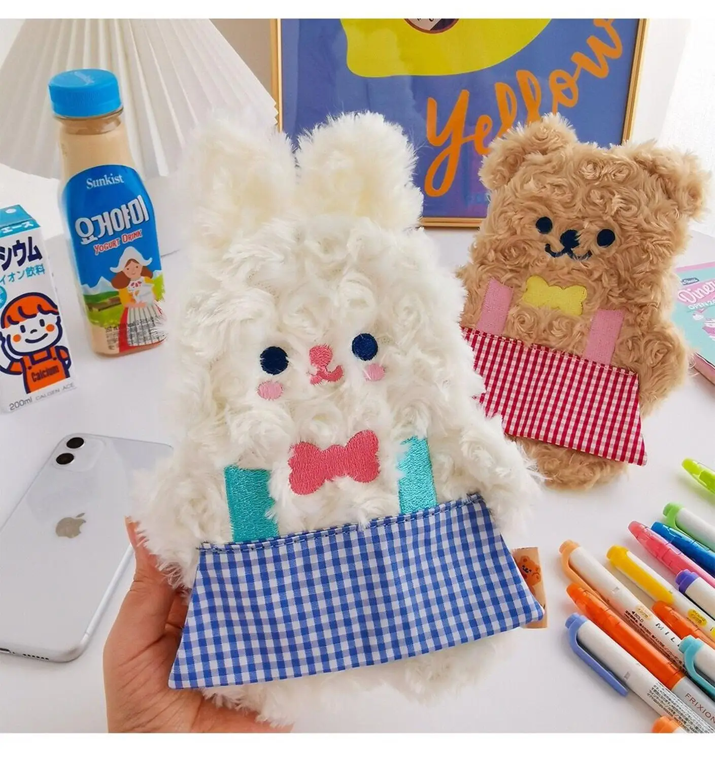 

Lovely Bear Rabbit Pencil Bag Korean Style Student School Pencil Bag Soft Plush Organizer Pouch For Girls Gift Pen Box