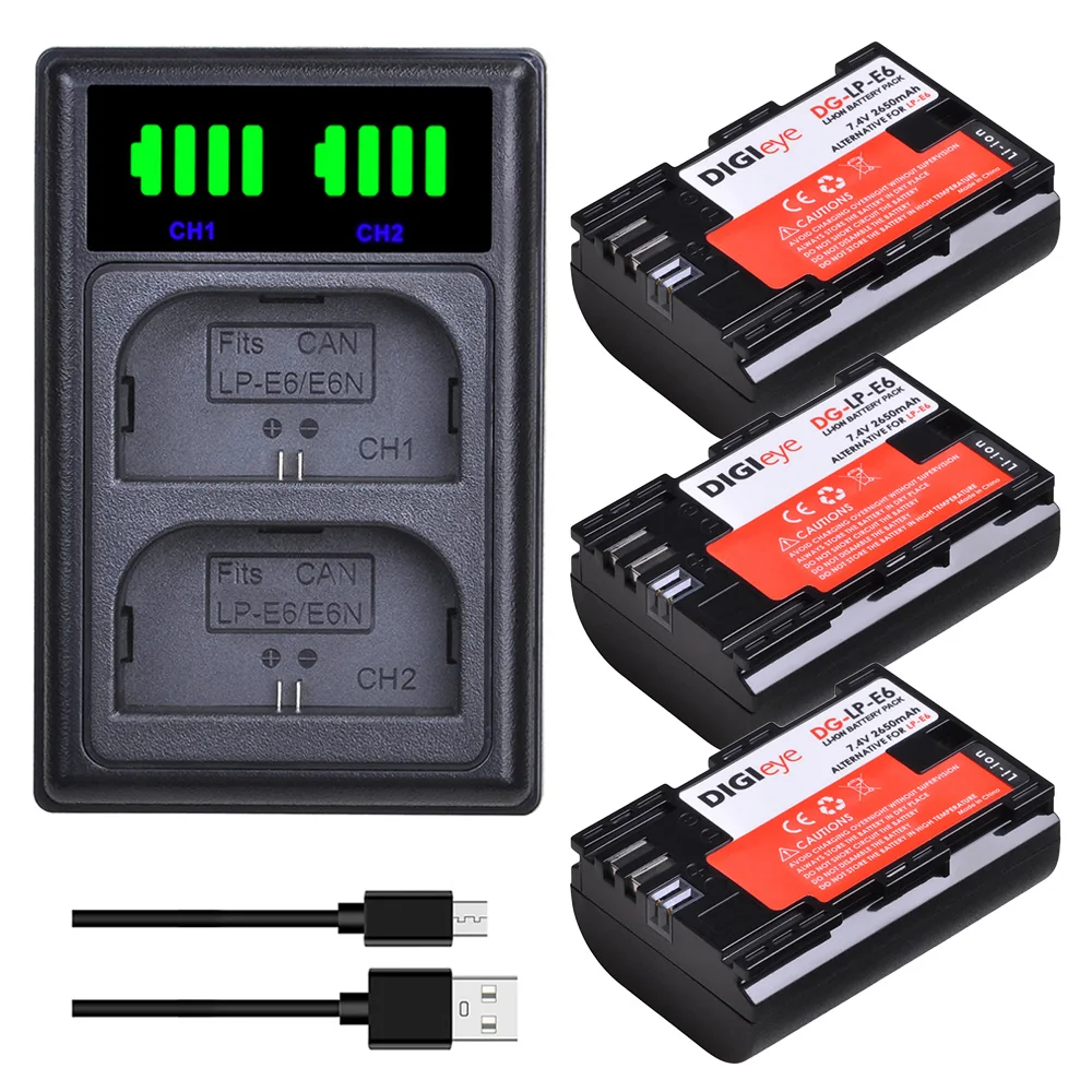 

3x LP-E6 LP-E6N Battery + LED Dual Charger Type C Port for Canon EOS 6D 7D 5D Mark II III IV 5D 60D 60Da 70D 80D 90D 5DS R5 R6