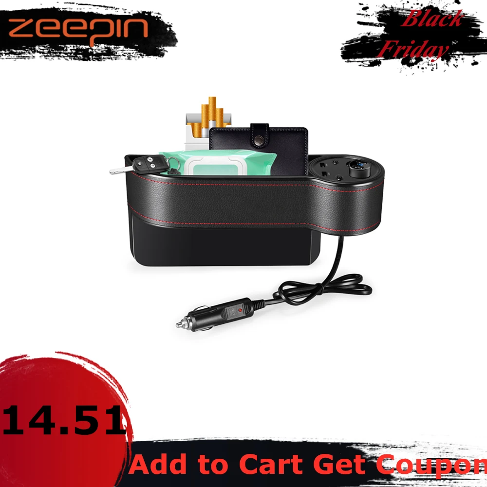 

ZEEPIN C15 Multi-use Car Seat Gap Storage Box PU Leather Case Pocket Right Seat Side Slit Voltage Display 2 Cigarette lighter