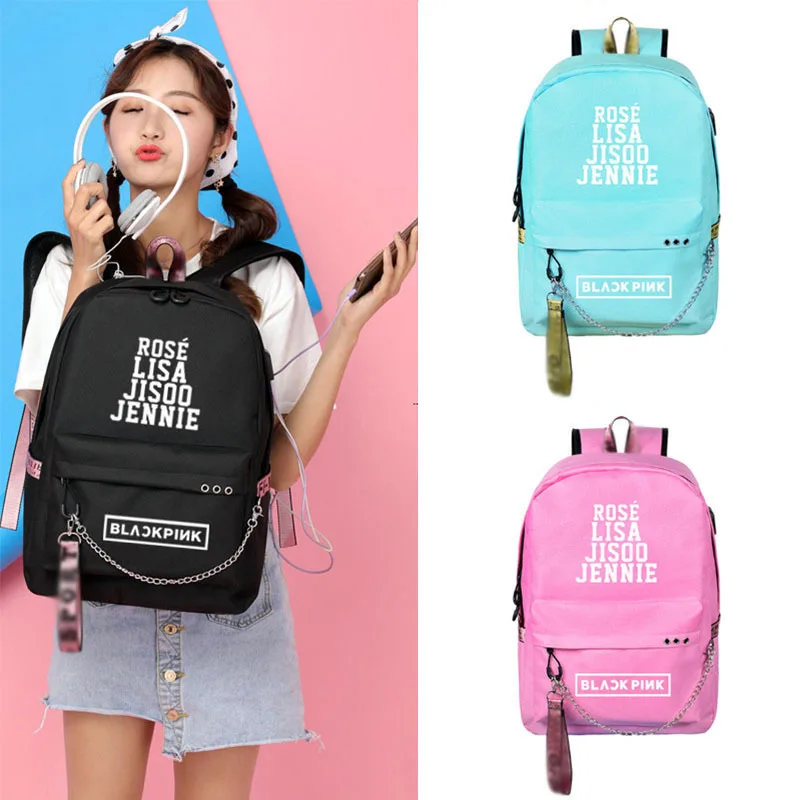 BlackPink Rose Lisa JENNIE USB Рюкзак Школьные сумки черный розовый Mochila дорожные сумки для ноутбука наушники USB порт