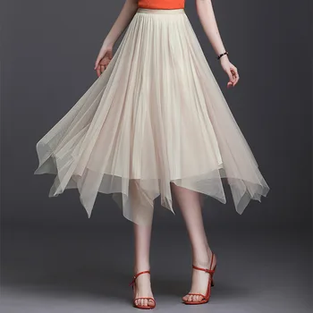 

2020 Irregular Tulle Patchwork Pleated Beige WOmen Skirt Double-side Wear Mesh Pleuche High Low Long Midi Skirts