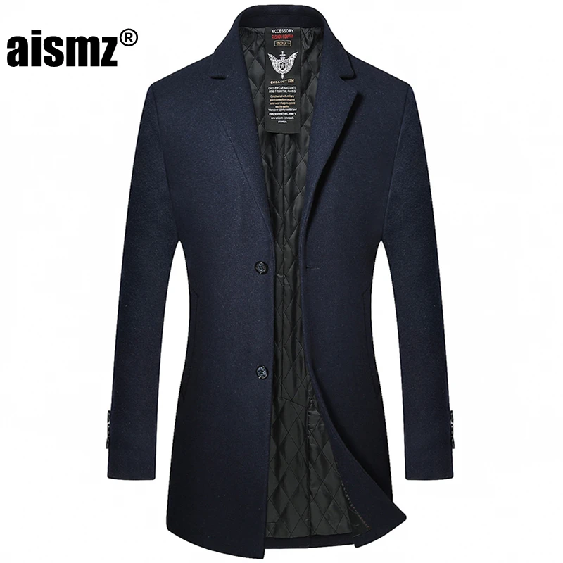Aismz New Winter Wool Cashmere Single Breasted Overcoat Men Jacket Coat Business Casual Thick Cotton Liner Long Woolen Outwear - Цвет: AZ1713 dark blue
