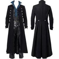 Medieval Steampunk Assassin Elves Pirate Costume For Adult Black Vintage Long Split Jacket Gothic Armor Leather Coats