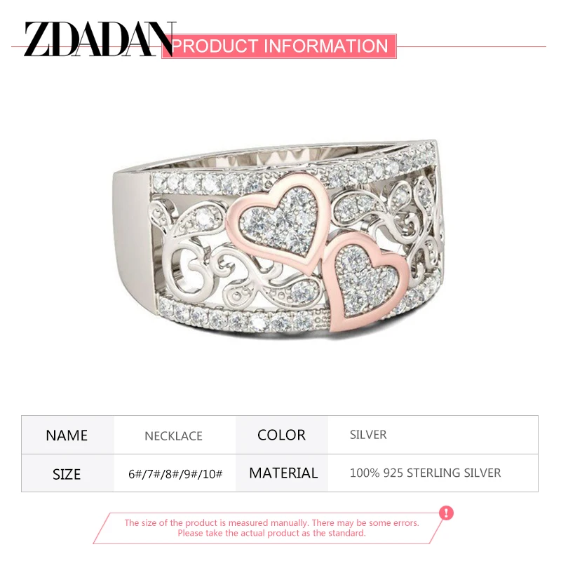 ZDADAN 925 Sterling Silver Heart CZ Rings for Women Wedding Jewelry