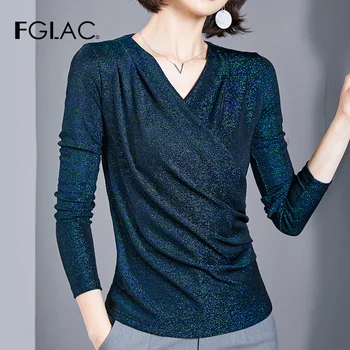 

women t-shirt New 2019 Autumn Long sleeve V-Neck Solid color women tops and shirt plus size women blusas