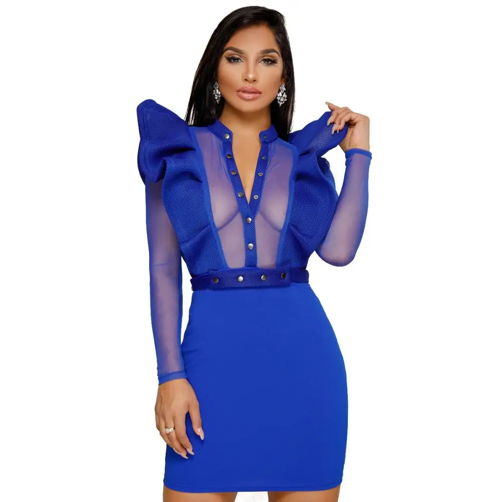 Adogirl прозрачное Сетчатое лоскутное облегающее платье с рюшами, с поясом, пуговицами, v-образным вырезом, длинным рукавом, облегающее мини-платье для вечеринок в ночном клубе - Цвет: blue dress