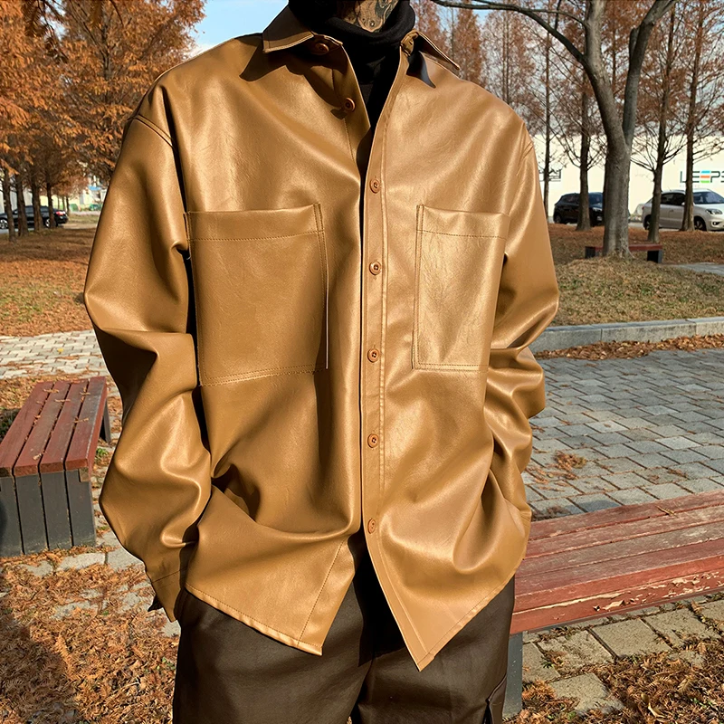 2020 Spring And Autumn New Youth Popular Solid Color Loose Single-breasted Long-sleeved Leather Shirt Fashion Casual Wild Top 2020 Spring And Autumn New Youth Popular Solid Color Loose Single-breasted Long-sleeved Leather Shirt Fashion Casual Wild Top