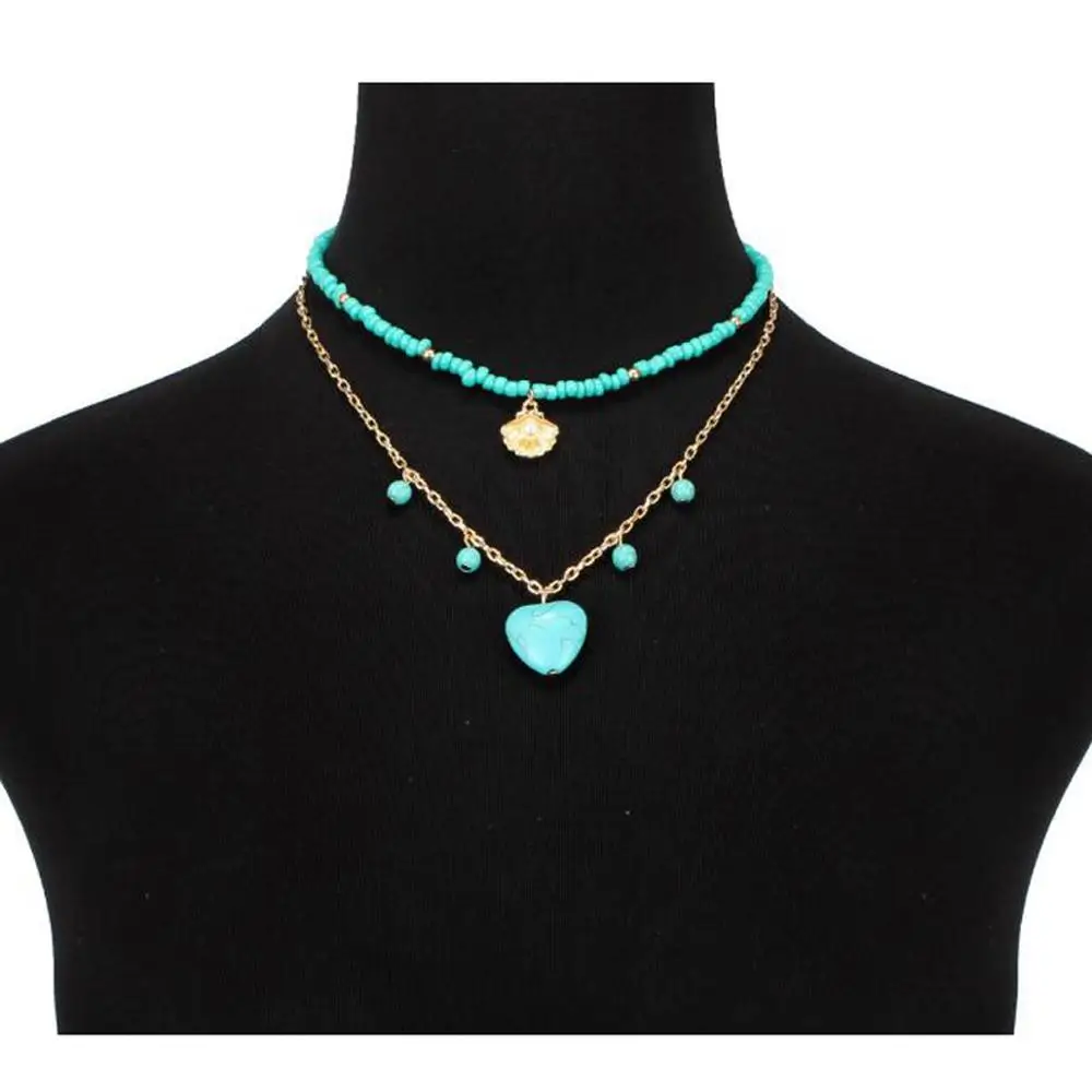 Wgoud Heart Pendant Necklace Bohemian Statement Fashion Two Layer Seed Bead Chains Natural Stone Necklace For Women Gift