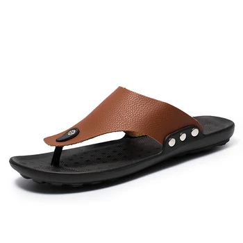 

2020 Summer Men Garden Sandal High Top Flip Flops Genuine Leather Summer Shoes Men Beach Sandals Flat Leather Male Sandals Cheap