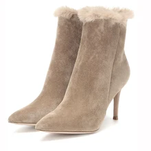 Элегантные ботильоны с меховой отделкой; зимняя женская обувь на натуральном овечьем меху; Зимние ботильоны на высоком каблуке-шпильке; теплая женская обувь