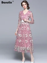 

Heavy Work Mesh Flower Embroidery Dress 2022 Spring Women Elegant V-Neck Casual Floral Party Dress Fashion Office Vestidos Mujer