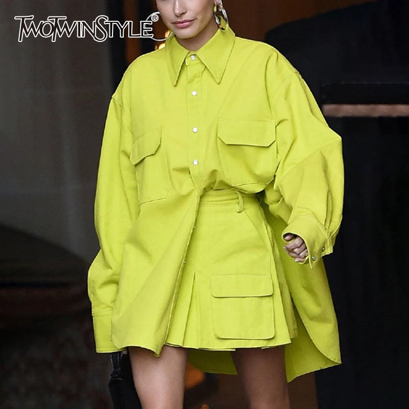 TWOTWINSTYLE Safari Style Two Piece Set For Women Lapel Collar Pocket Shirts High Waist Skirts Oversized Female Suit 2020 New TWOTWINSTYLE Safari Style Two Piece Set For Women Lapel Collar Pocket Shirts High Waist Skirts Oversized Female Suit 2020 New