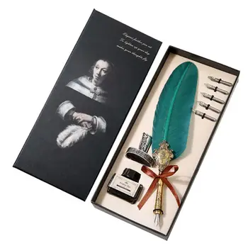 

Retro Classical Feather Quill Dip English Calligraphy Fountain Pen with Writing Ink 5 Nibs Kit Set Stationery Gift Box