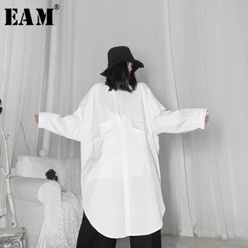 

[EAM] Women White Big Pocket Big Size Long Blouse New Lapel Long Sleeve Loose Fit Shirt Fashion Tide Spring Autumn 2020 19A-a66
