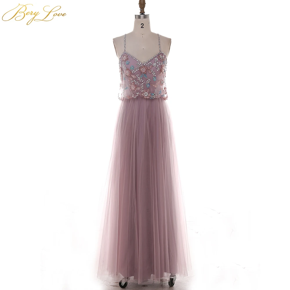 BeryLove Pale Mauve Tulle Evening Dress 2020 Sexy Bead Bodice Dropping Down Halter Straps Long Gown Girls Lovely | Свадьбы и