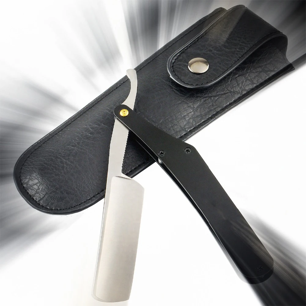 Barber Stainless Steel Straight Razor Black Handle with PU Leather