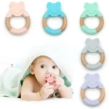 

Baby Teether Animal Frog Shape Silicone Wooden Ring Nursing Accessories Chew Toy Circle Newborn Bathing Gifts