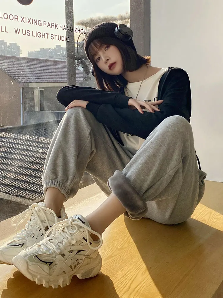 Fleece-Lined Track Pants Women's Outer Wear Loose Tappered Autumn and Winter New Small Casual Gray Thickened Sweatpants