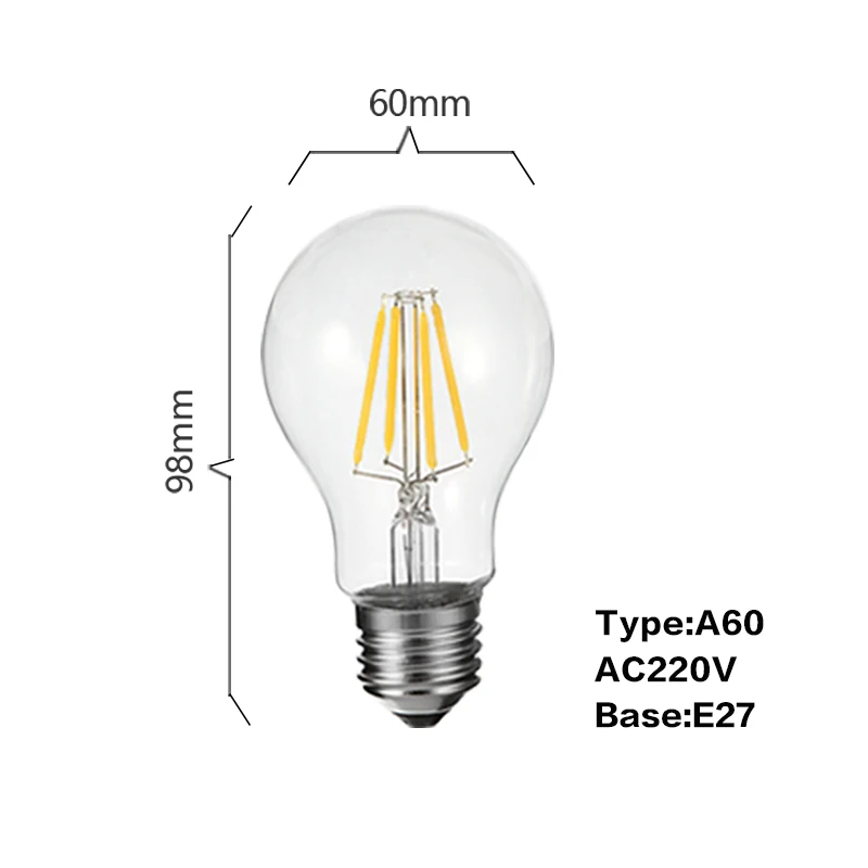 Светодиодная лампа 2 Вт 4 Вт 6 Вт 8 Вт E27 с регулируемой яркостью, светодиодная лампа 220 В 110 В A60, античный ретро светильник Эдисона с нитью накаливания, лампа для домашнего декора, внутреннее освещение - Испускаемый цвет: A60 220V