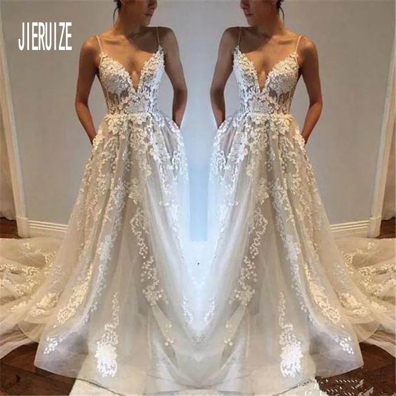 

JIERUIZE Beach Wedding Dresses Spaghetti Strap Backless Lace Applique See Through Beading A line Bridal Gowns Vestido De Noiva