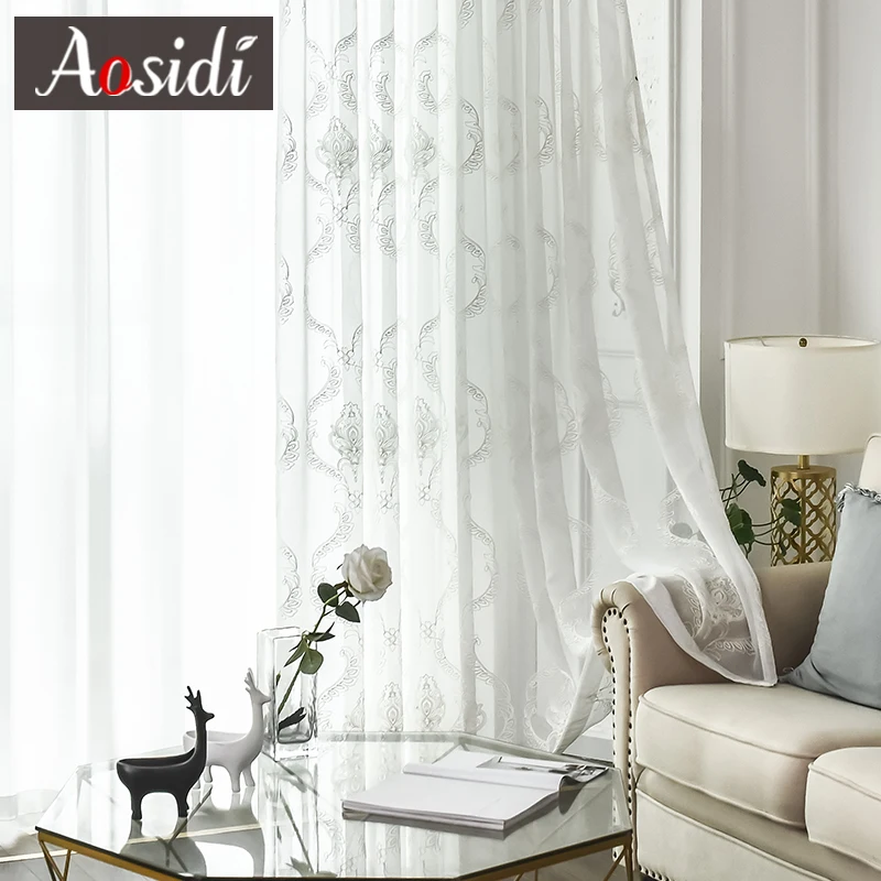 

AOSIDI European Embroidered White Tulle Curtains For Modern Living Room Window Voile Curtains For Bedroom White Drapes Finished