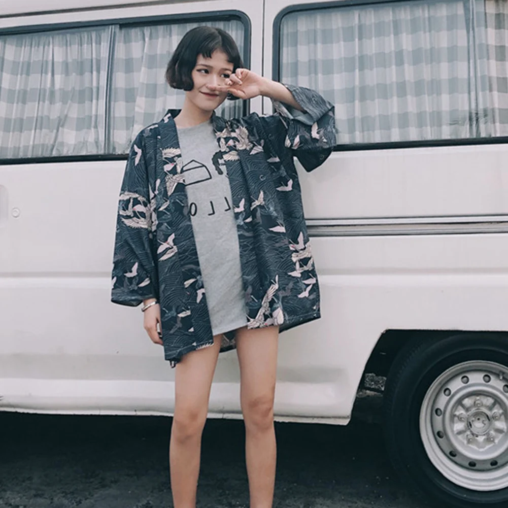 Vintage Style Temperament Summer Harajuku Leisure Kimono Blouse Vintage Style White Crane Print Loose Large Size Chiffon Shirt