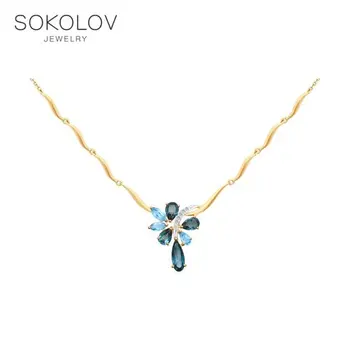 شراءقلادة SOKOLOV الذهب مع الأزرق والأزرق توباز و زركون مجوهرات الأزياء 585 المرأة الذكور