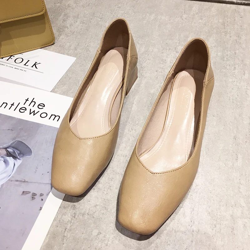 

2019 New Summer Autumn Square Heel Square Toe Leather Pumps Shoes Women Shallow Mouth Casual Office Lady OL Shoes U14-10