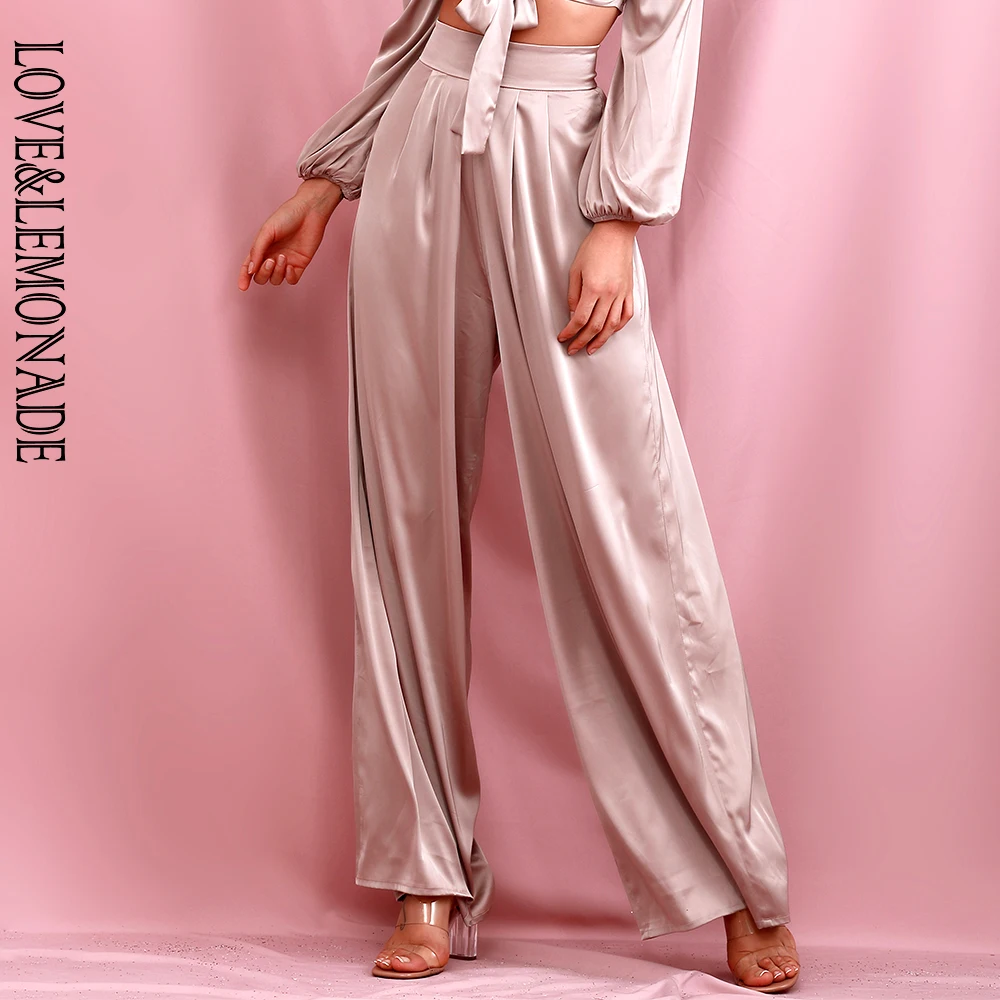 Широкие длинные брюки LOVE &amp LEMONADE абрикосового цвета с завышенной талией весна