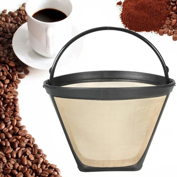 

Cone-Style Reusable Coffee Filter 10-12 Cup Permanent Coffee Maker Machine Filter Gold Mesh with Handle Cafe Coffees Tools