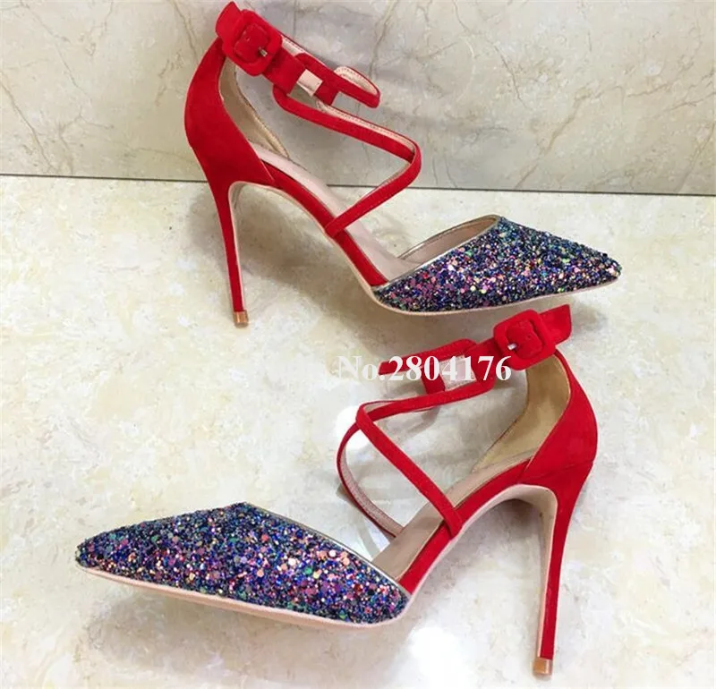 

Bling Bling Charming Glitters Stiletto Heel Pumps Mixed-colors Sequined Patchwork Ankle Strap Buckles High Heels Club Shoes