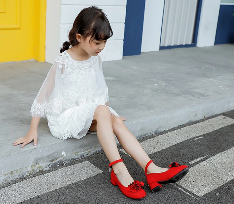 Цветок Дети Девочки Дети Красный Высокий каблук Свадебная вечеринка обувь для больших девочек принцесса кожаные туфли 4 5 6 7 8 9 10 11 12 лет