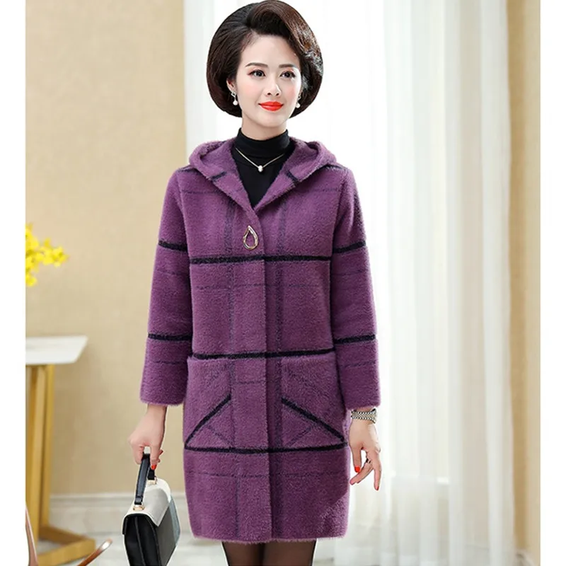 Light purple UHYTGF качество двухстороннее кашемировое осеннее зимнее пальто женское с капюшоном 6XL размера плюс куртка норковая кашемировая ветровка для женщин 1064 - Цвет: Light purple