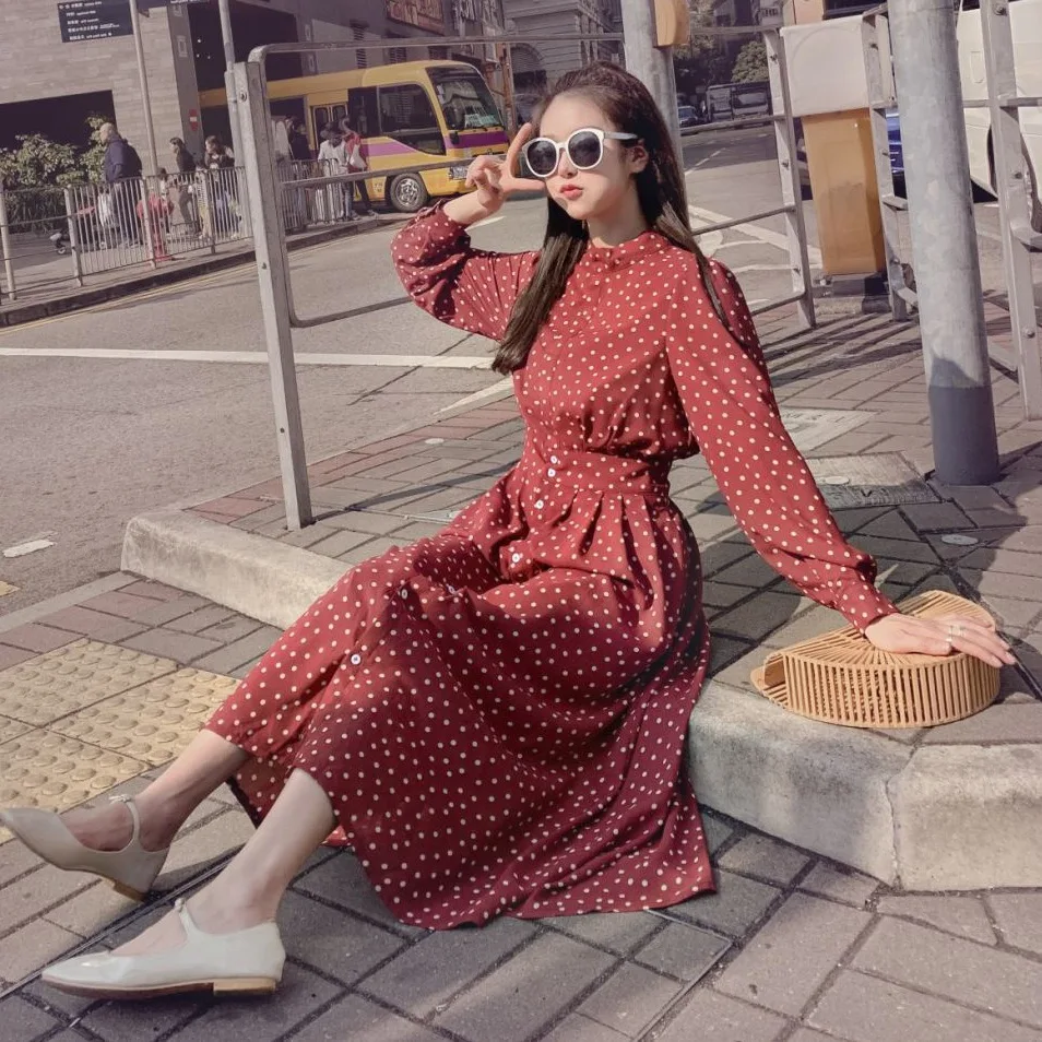 

Photo Shoot Korean-Style CHIC Vintage Wine Red Polka Dot Stand Collar Waist Hugging Single Breasted College Style A- line Dress