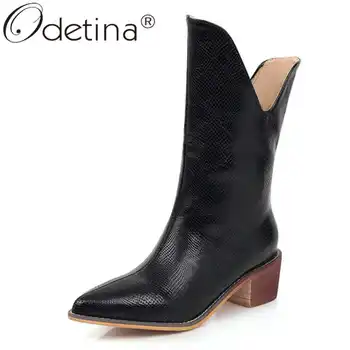 

Odetina Women Fashion Block Mid Heel Winter Slip On Mid Calf Boots Female Solid Pointed Toe Casual Short Boots Lady Big Size 47