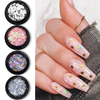 

1 Box Four Star Nail Flakes DIY AB Glitter Pink Iridescent Round Sequins for Polish Decoration Nail Glitter Mixed Size
