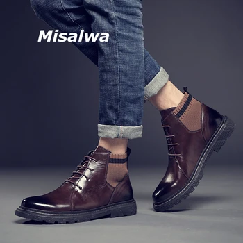 

Misalwa Spliced Woven Fabric PU Leather Men Chelsea Boots Casual Ankle Trendy Desert Boots Men Business Decent British Shoes New