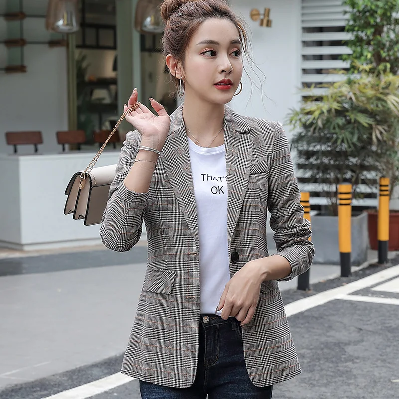

YLS215 Plaid Small Suit Coat Women's Autumn Casual Versatile Retro Pattern Network Red Port Kong-Style Fashion CHIC Suit