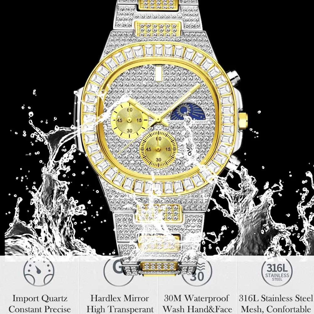 MISSFOX Man luxury Watch Gold Ice Out Full Diamond Square Wristwatches Double Dial Chronograph Waterproof Watches Mens 2020 dropshipping New auto Lunar phase (45)