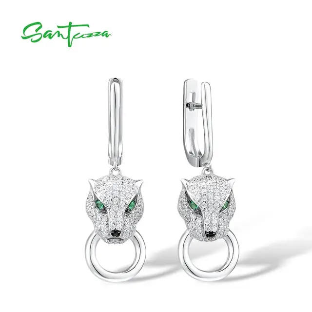 SANTUZZA 925 Sterling Silver Jewelry Set For Women White CZ Green Eyes Panther Ring Earrings Pendant Leopard Set Fine Jewelry 3