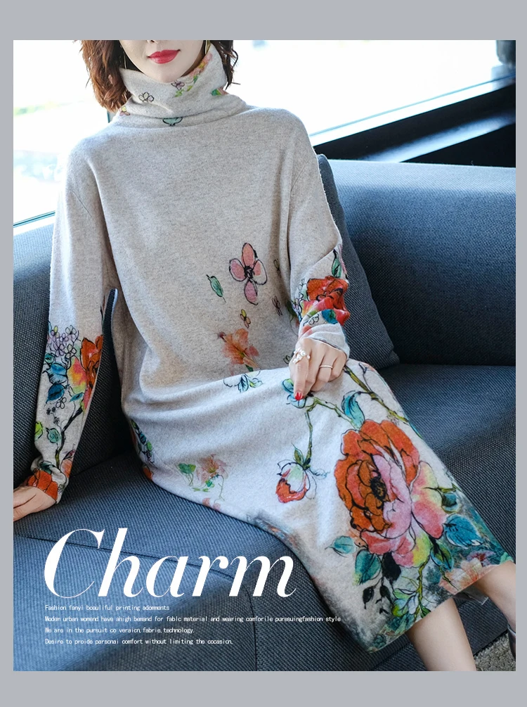 Fall Winter Vintage Women Turtleneck Long Sleeve Loose Floral Printed Cashmere Sweater Dress Woman Knitted Sweaters Dresses
