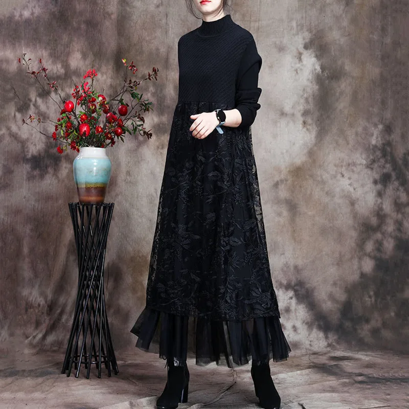

Autumn And Winter Retro Lace Embroidery Thin Splicing Net Yarn Temperament Wool Knitted Dress