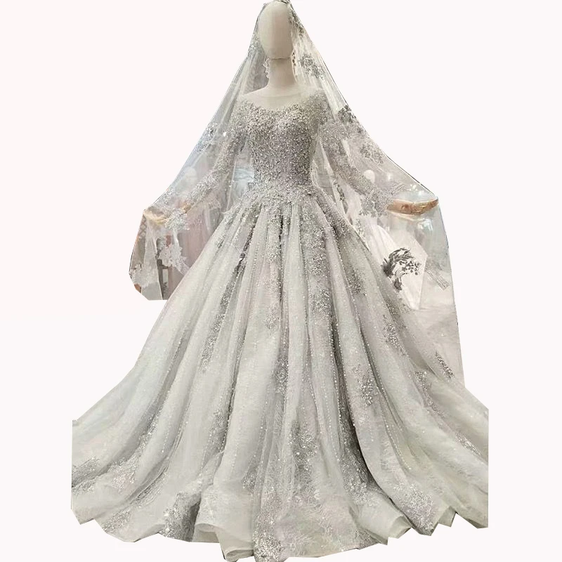 Hot Selling Long Sleeves Silver Arabic Dubai Ball Gown Wedding Dress Glitters Beads Lace Vestido De Noiva Curto - Цвет: Серый