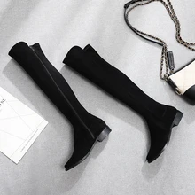 Женские сапоги выше колена пикантные высокие облегающие сапоги на молнии г. Зимние черные однотонные женские сапоги из флока на низком квадратном каблуке 2,5 см