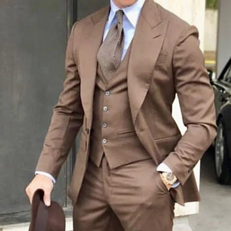 

3 Piece Formal Wedding Men Suits 2020 Peaked Lapel Brown Jacket Vest Pants Tailored Made Blazer Groom Tuxedos for Mens Prom Suit